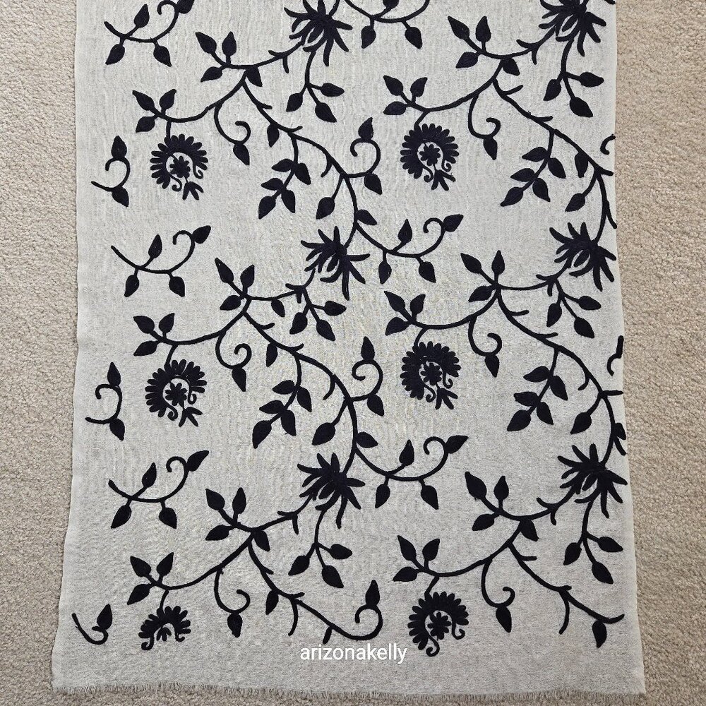 Ivory Wool Scarf with Black Chain Stitch Embroidery - Picture 2 of 14